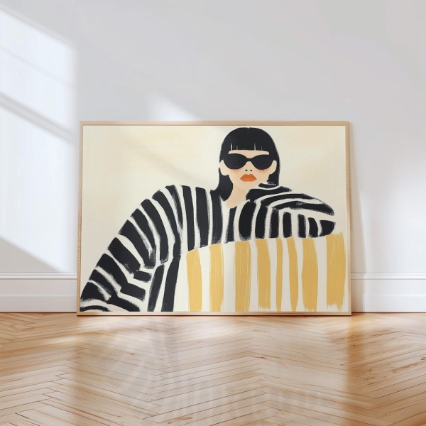 Modern minimalist wall art, stylish woman in sunglasses, striped black and white dress illustration, bold digital print, chic home decor