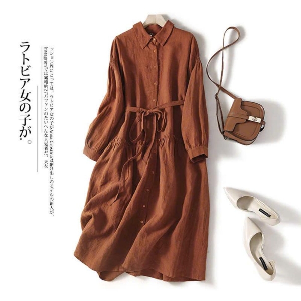 Retro long-sleeved dress for women, new autumn spring style, large size, drawstring waist, slim shirt dress, mid-length bottoming skirt