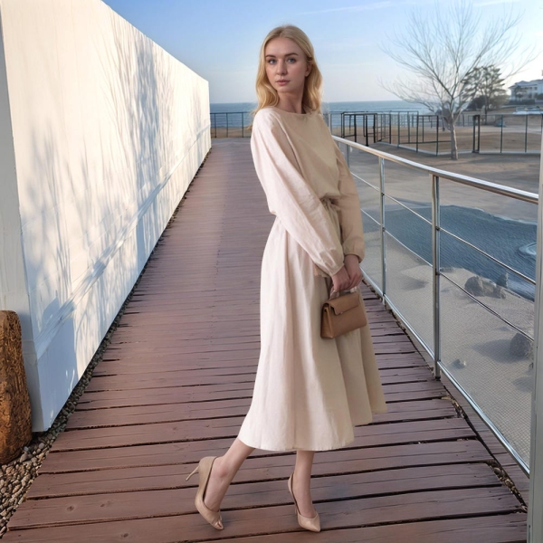 Beige Midi Dress for Women - Modest Long Sleeve Minimalist Style, Elegant and Comfy Outfit for Casual Days or Special Occasions