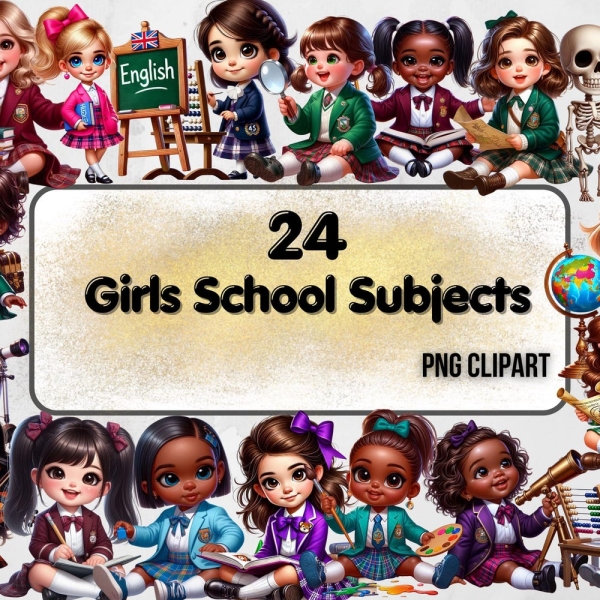 School Subjects Girls Clipart, Cute School PNG, Back to School Clipart, Bundle Children,Commercial Use Clipart Transparent, Chibi Girls