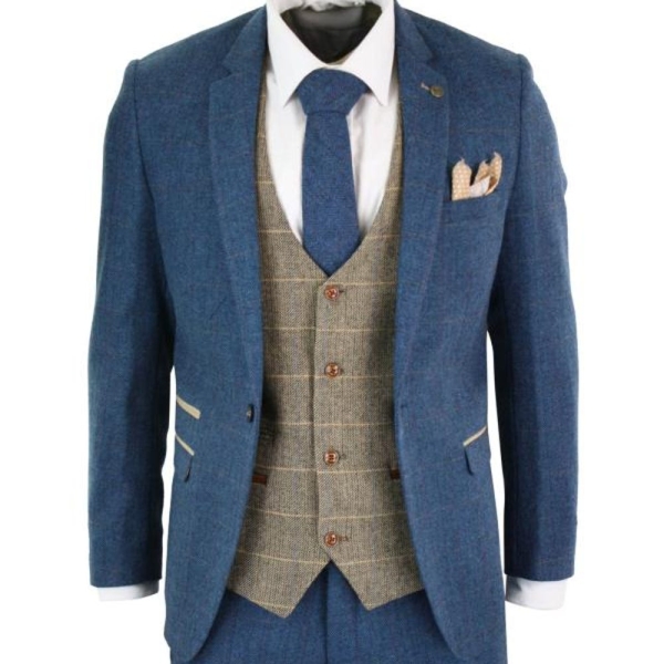 Men's Blue Tan Brown 3 Piece handmade Herringbone Tweed Check Vintage Tailored Fit Suit | Pant Coat for Men