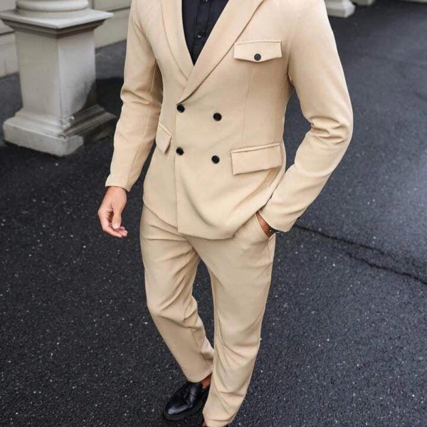 Handmade Cream Men's Dress Suit | Slim Fit Wedding Coat Pant Set | Double-Breasted Groom's Wear for Special Occasions