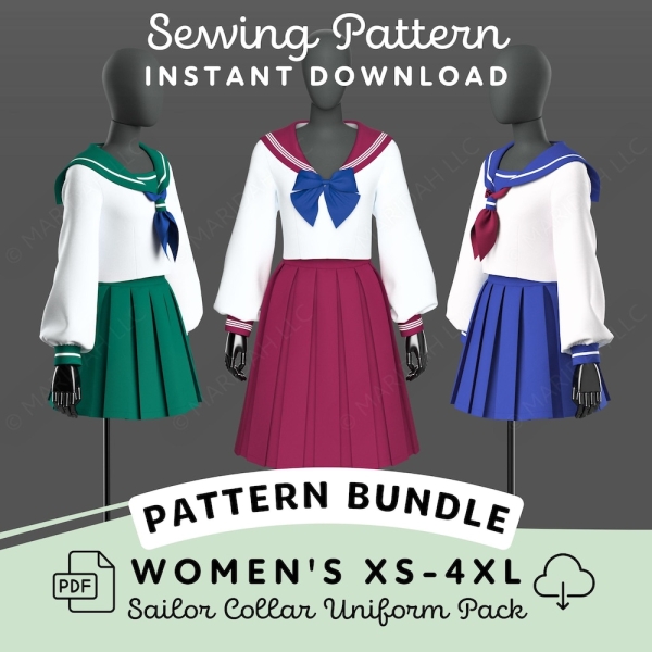 Japanese School Uniform Sewing Pattern Bundle | Womens XS-4XL Seifuku Sailor Collar Uniform PDF Cosplay Pattern | Digital Download Pattern