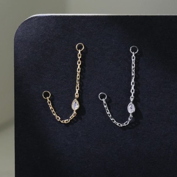 Sparkling Gemstone Pear Chain Attachment Ear Jacket Dangle Charm Chain Accessory for Cartilage Helix Conch Earring Silver Nose Chain