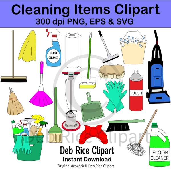 Cleaning Items Clipart - push broom, rag mop, sponge mop, buckets, scrub brush, paper towels, dustpan, feather duster, PNG, vector SVG & EPS