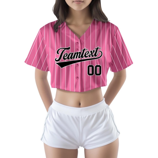 Pink Striped Cheerleading Crop Jersey for Women Custom Name Number Embroidery or Heat Press Uniform Top for School Sports Events