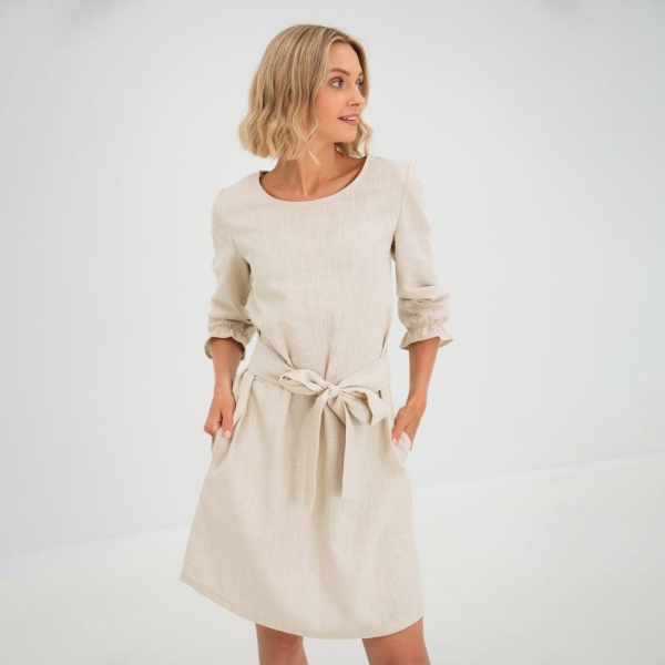 Minimalist boho linen bridal dress with pockets and belt by LeMuse, knee length summer cocktail frock, beach vacation natural apparel
