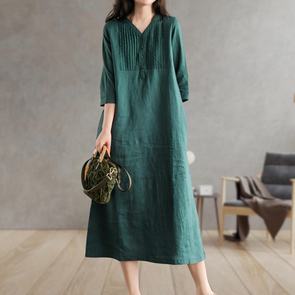 Elegant Linen V-Neck Dress, Women's Casual Knee-Length Dress with 3/4 Sleeves, Breathable Loose Fit, Summer Office & Everyday Wear