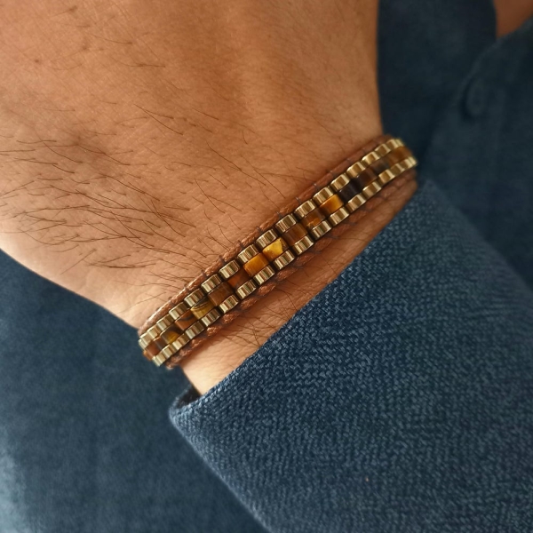 Tiger Eye Hematite Bracelet - Men's Beaded Bracelet - Gold Tone Stone Bracelet - Handmade Leather Bracelet - Adjustable Gift for Him