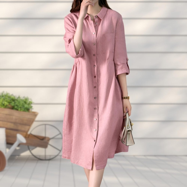 Spring Autumn Linen Shirt Dress, Women's Loose-Fit Plus Size Midi Dress, Casual Button-Down Dress for Everyday Wear Layering
