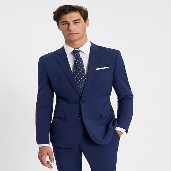 Slim Fit Blue Wool-Blend Tech Suit Jacket | Machine Washable Modern Tailored Blazer for Men | Contemporary Office & Wedding Attire | 2 piece