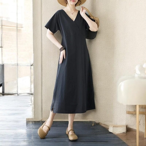 New V-neck Cotton Short Sleeve Loose Summer Dress | Elegant Office Lady Work Dress | Fashion Women Casual Midi Dresses
