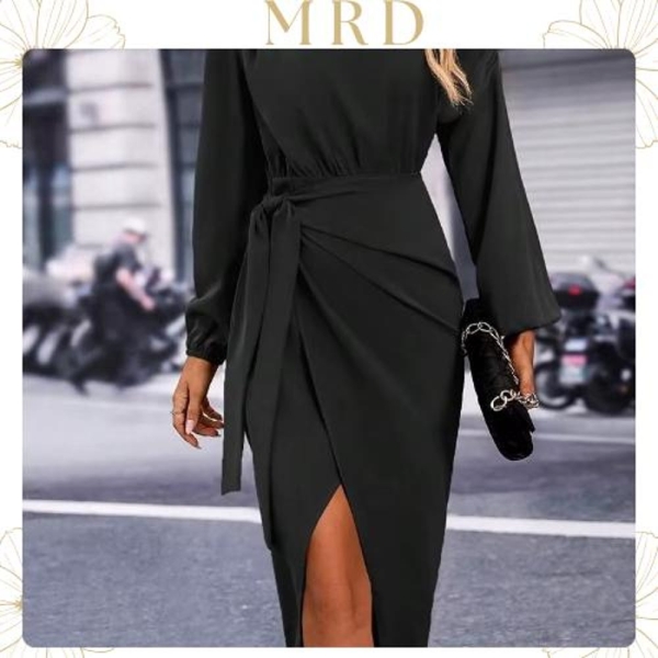 Elegant Wrap Midi Dress, Long Sleeve Belted Dress, High Slit Formal Dress, Asymmetrical Evening Gown, Chic Office Wear, Classy Party Outfit