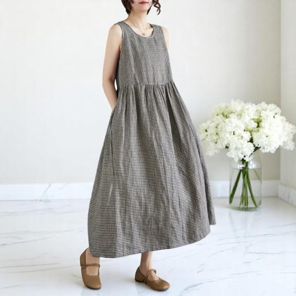 New Arrival Sleeveless Plaid Print Vintage Summer Tank Dress | Office Lady Work Long Dress | Fashion Women Casual Dress