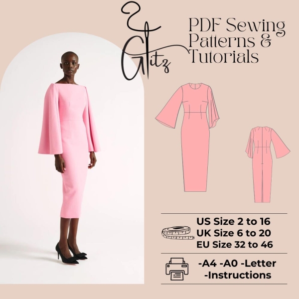 Long Flared Pencil Dress Sewing Pattern Office Dress Business Dress Sewing Pattern PDF