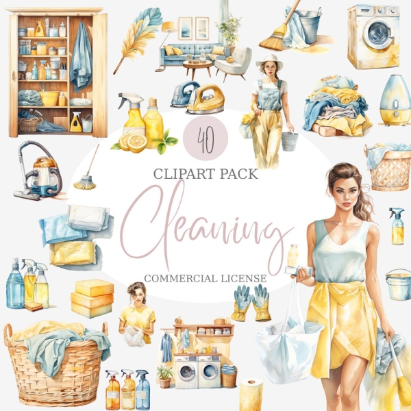 Cleaning Clipart Pack, Digital Download, Household Chores Clip Art, Cleaning Supplies Stickers, Mop & Broom Graphics, Yellow Cleaning Lady
