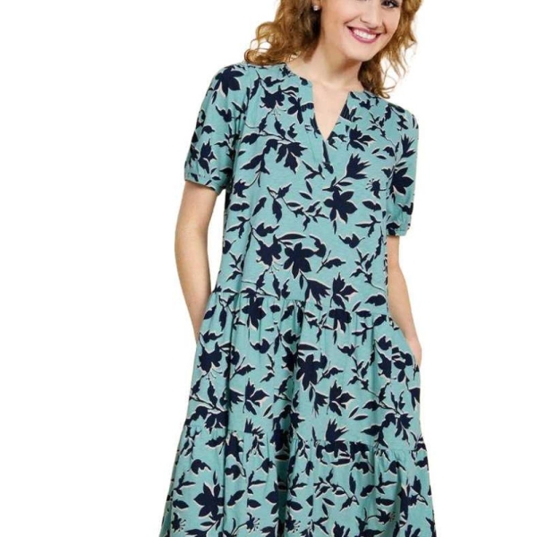 White Stuff Women's Clara Cotton Jersey Tiered Dress in Teal Print