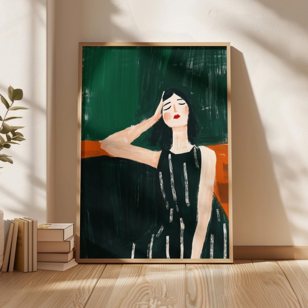 Minimalist woman in black dress wall art, modern feminine portrait print, dark green striped fashion illustration, digital download, poster
