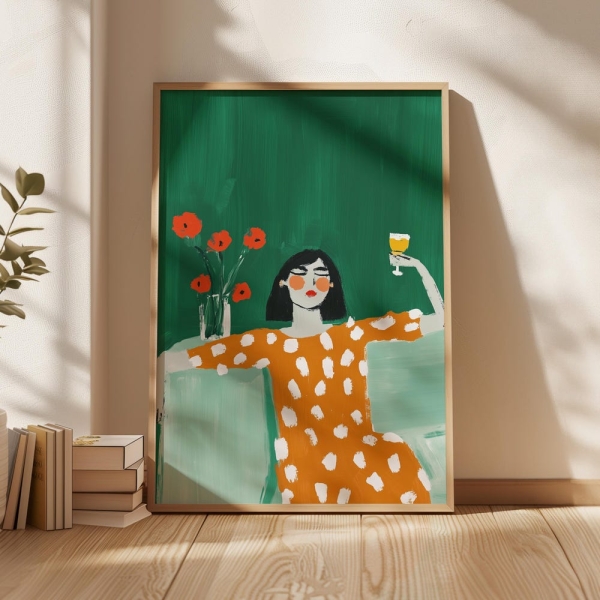 Woman in orange polka dot dress, holding wine glass, modern feminine print, bold green background, floral wall art, digital download, poster
