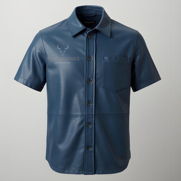 100% Genuine Handmade Blue Leather Shirt | Men's Real Blue Leather Half Sleeve Shirt | Premium leather fashion