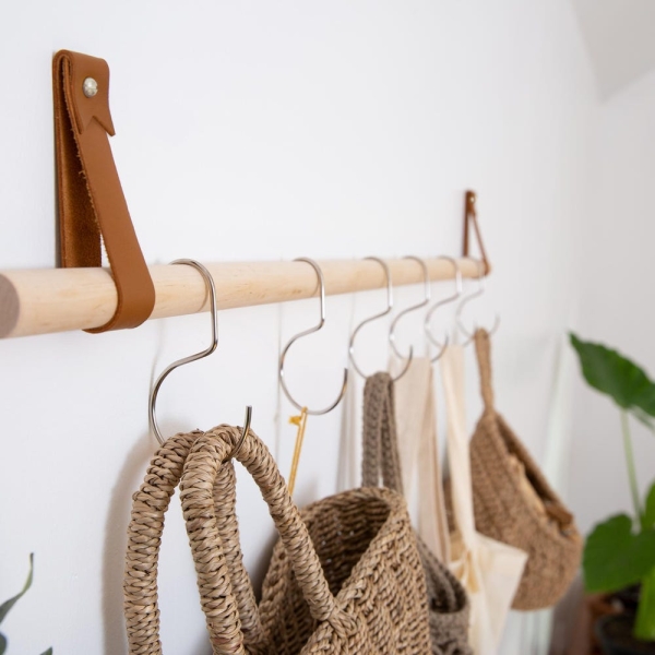 Leather Hanging Towel Holder Kit - brass hand towel rail for bath kitchen & laundry room hanging coffee mug wood rack mop and broom storage