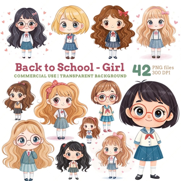 Back to School Girl Clipart, Cute Chibi Girls in Uniform, Kawaii School Girl, Watercolor School Girls, Cute School Girl PNG, Commercial Use