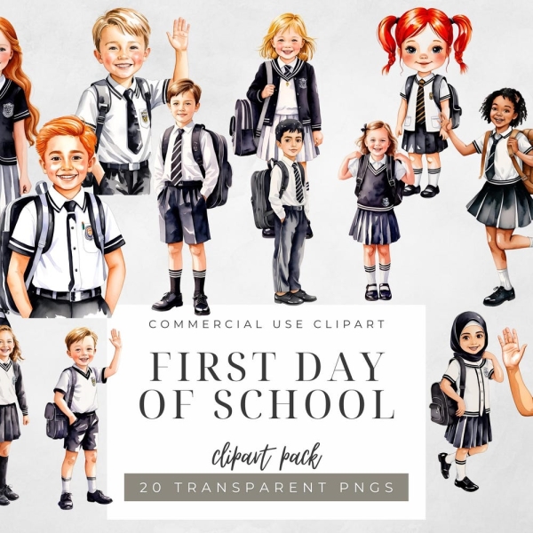 Kids in School Uniform with Backpacks  School Kid Clipart Kids in Uniform Diverse Kids Clipart Set First Day of School Clipart Student Art