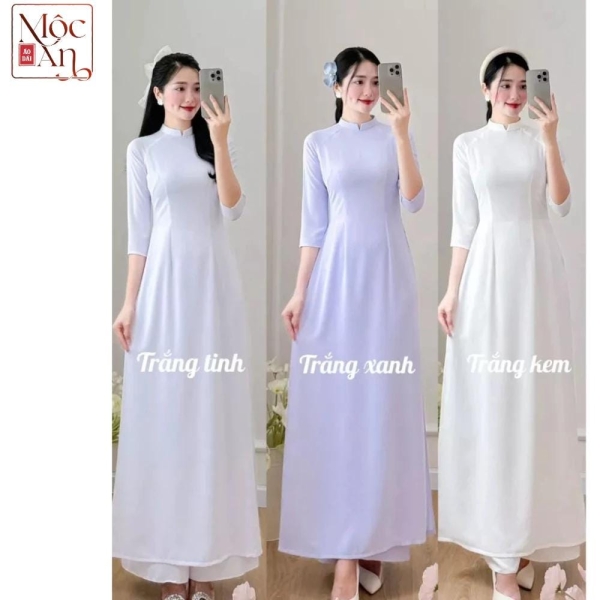 Pre-made Ao Dai Viet Nam - Mộc An White Student Ao Dai – Mid-Sleeve Traditional School Uniform Dress