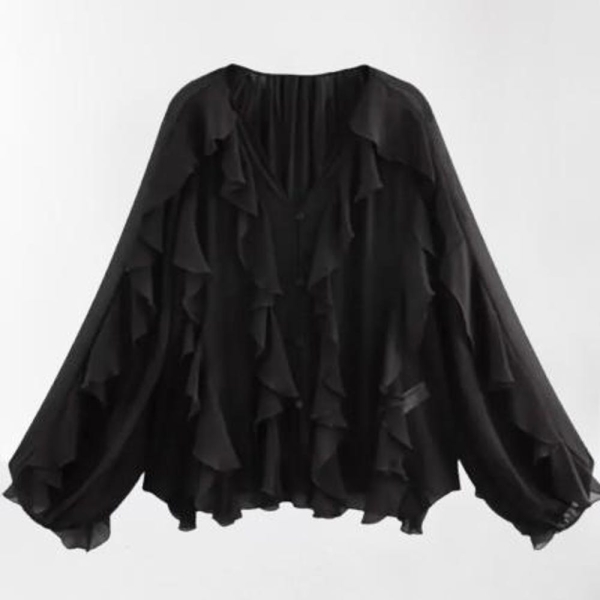 2025 Summer Chic Women's Elegant Loose Long Sleeve Layered Shirts Office Lady Vintage V-neck Translucent Tiered Ruffles Blouses