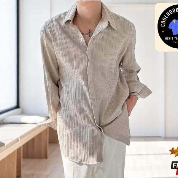 Loose Casual Pleated Shirts | Men’s Long-Sleeve Button Down | Formal Social Dress | Trendy Streetwear Outfit | Cozy Stylish Top