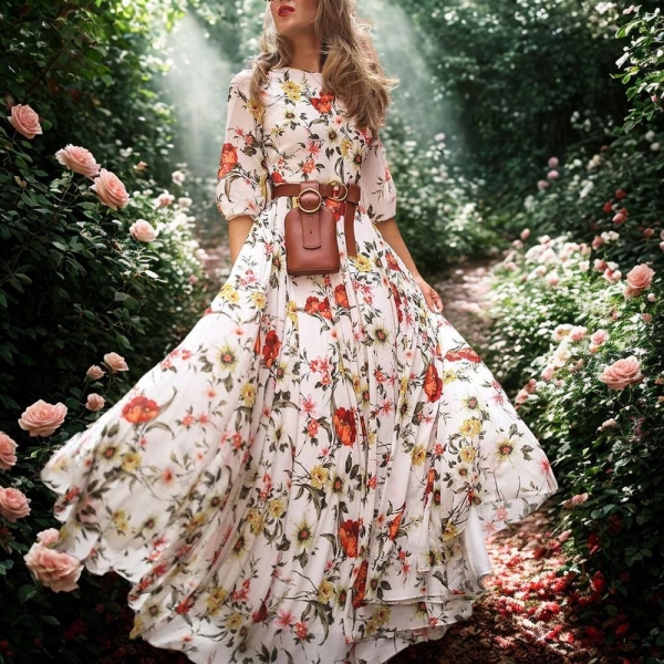 Spring Autumn Vintage Floral Maxi Dress | Elegant Long Sleeve O-Neck Boho Flower Print Dress | Office Lady Fashion | Women's Dress