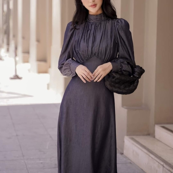 Crew High Neck Midi Dress - High Waist Elegant Women's Dress - Office Dress for Women - Silk A line Midi Dress