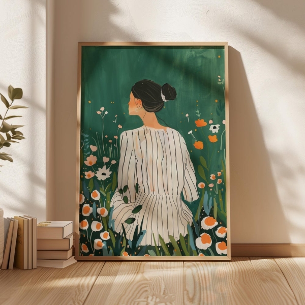 Woman in wildflower field print, botanical fashion art, peaceful nature decor, striped dress figure, modern feminine digital download