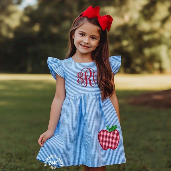 Back to School Outfit, Girls Back to School Dress, Monogrammed Back to School Dress, Apple Seersucker Flutter Sleeve Dress, Toddler Girls