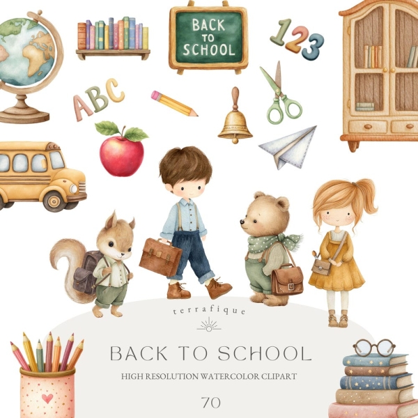 Back to School Clipart Bundle Cute Kids School Supplies Stationery Kawaii School Animals Teacher PNG Sublimation Commercial Use Clipart