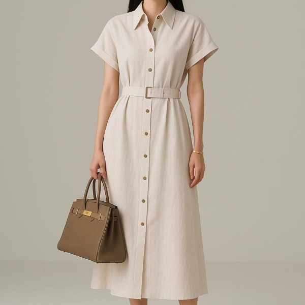 Custom Belted Shirt Dress for Women – Collared Button-Down Midi Dress – Tailored Minimalist Handmade Outfit - Workwear-Daily Style by NAARVI