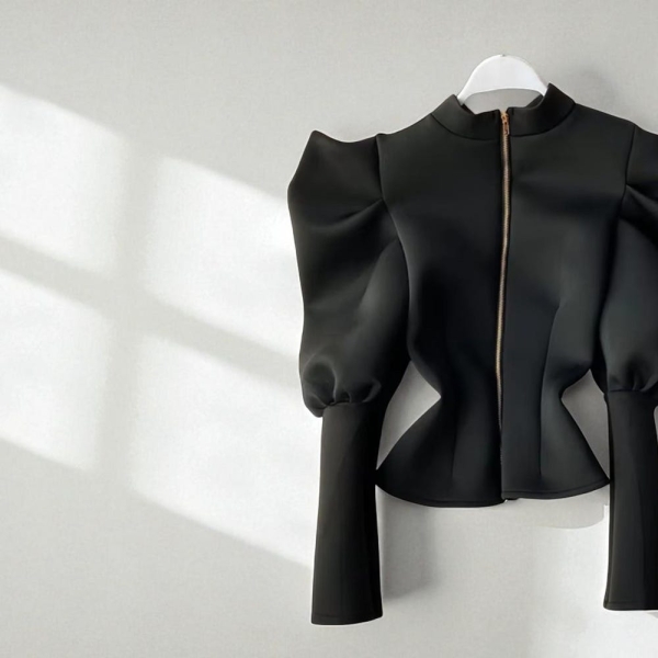 Elegant Puff Blouse for Women | Slim Fit Stand Collar Shirt | Long Sleeve Layered Top | Spring & Autumn Outfit | Stylish Office Wear
