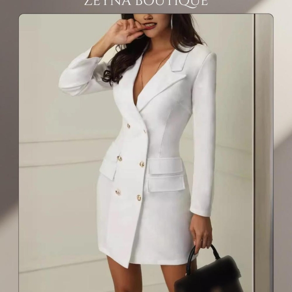 Luxury Double-Breasted Blazer Dress with Gold Buttons—Elegant Fitted Tuxedo Mini Dress for Women, Office to Evening Wear