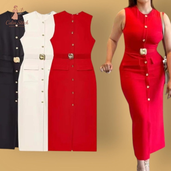 Women Summer Midi Dress, Sleeveless Button Belted Dress, Casual Chic Long Dress, Office Lady Vintage Dress, Evening Party Retro Dress