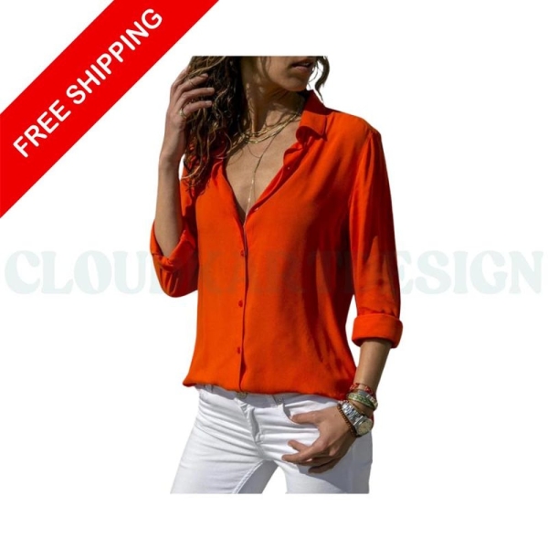 Women’s Elegant Solid Chiffon Blouse 2024 Spring Summer Casual Long Sleeve V Neck Loose Shirt Office Tunic Oversized Top