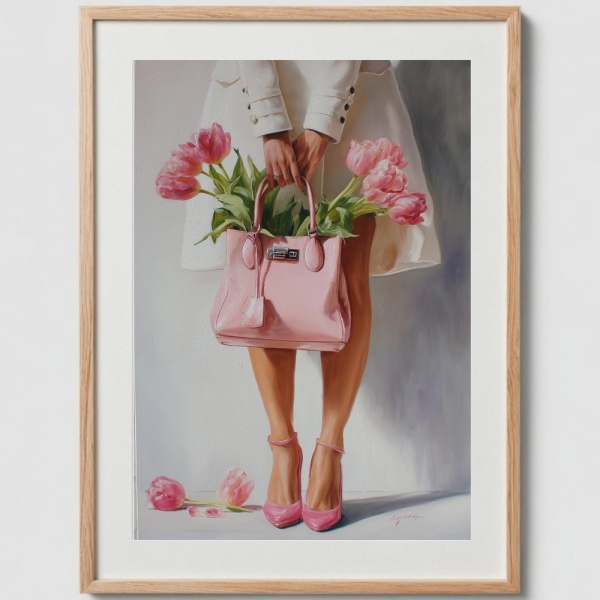 Digital Elegant Woman Legs in Pink High Heels Chic Handbag Tulips Dress Modern Glam Boss Lady Wall Art Interior Design Printable Poster