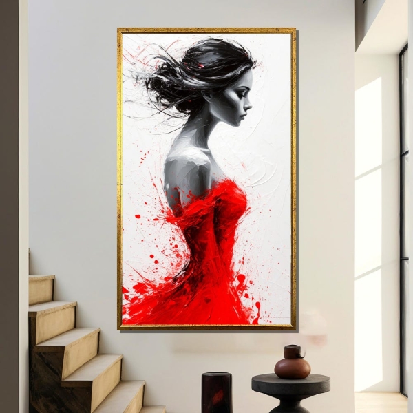 Graceful Profile of Woman in Dynamic Red Splatter Dress – Abstract Monochrome and Red Canvas Painting for Stylish Home Decor Gift