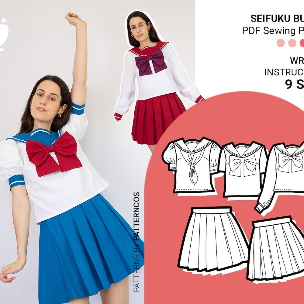 Seifuku cosplay pattern BUNDLE: Blouse + skirt | Japanese school uniform pattern | Sailor collar uniform pattern | PDF Sewing Pattern