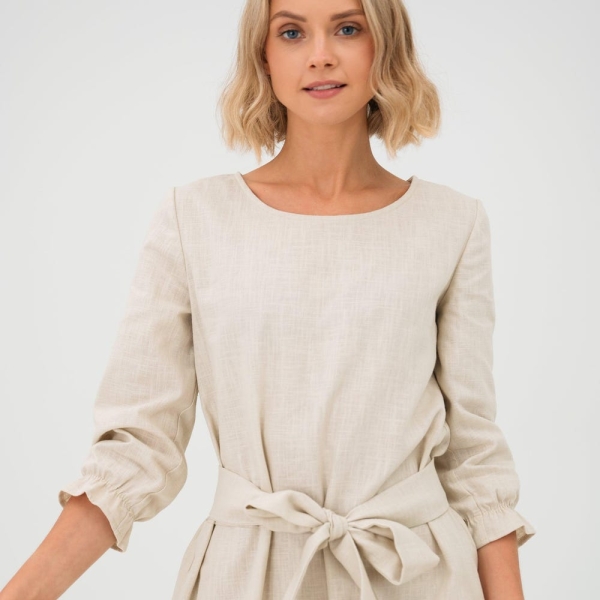Natural linen women's clothing, summer dress with pockets and belt, knee length minimalist cocktail frock, beach and vacation apparel