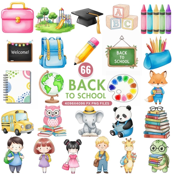 Back To School Clipart, Cute School Supplies PNG, Kawaii Classroom Clipart, Teacher Graphics, Pastel School PNG, Commercial Use Clipart