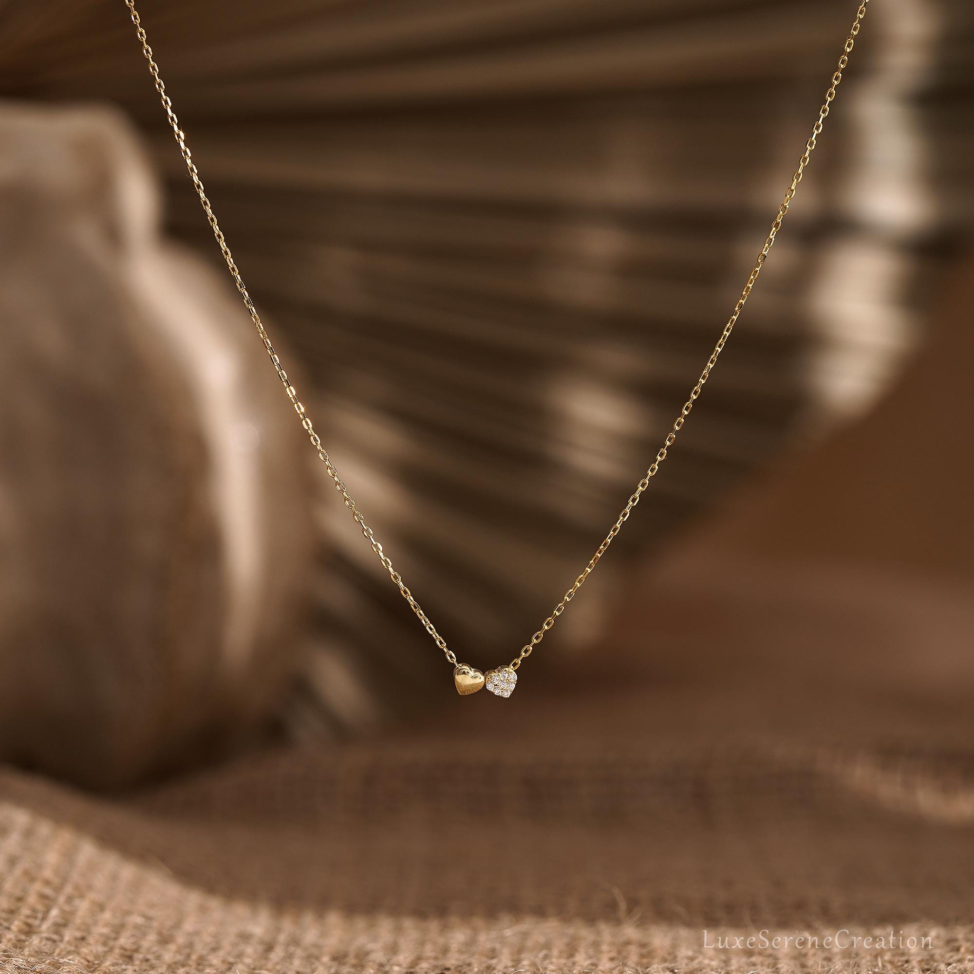 Tiny Double Heart Necklace 14k Gold Pave Minimalist Tiny Double Heart Necklace 14k Gold Pave Minimalist