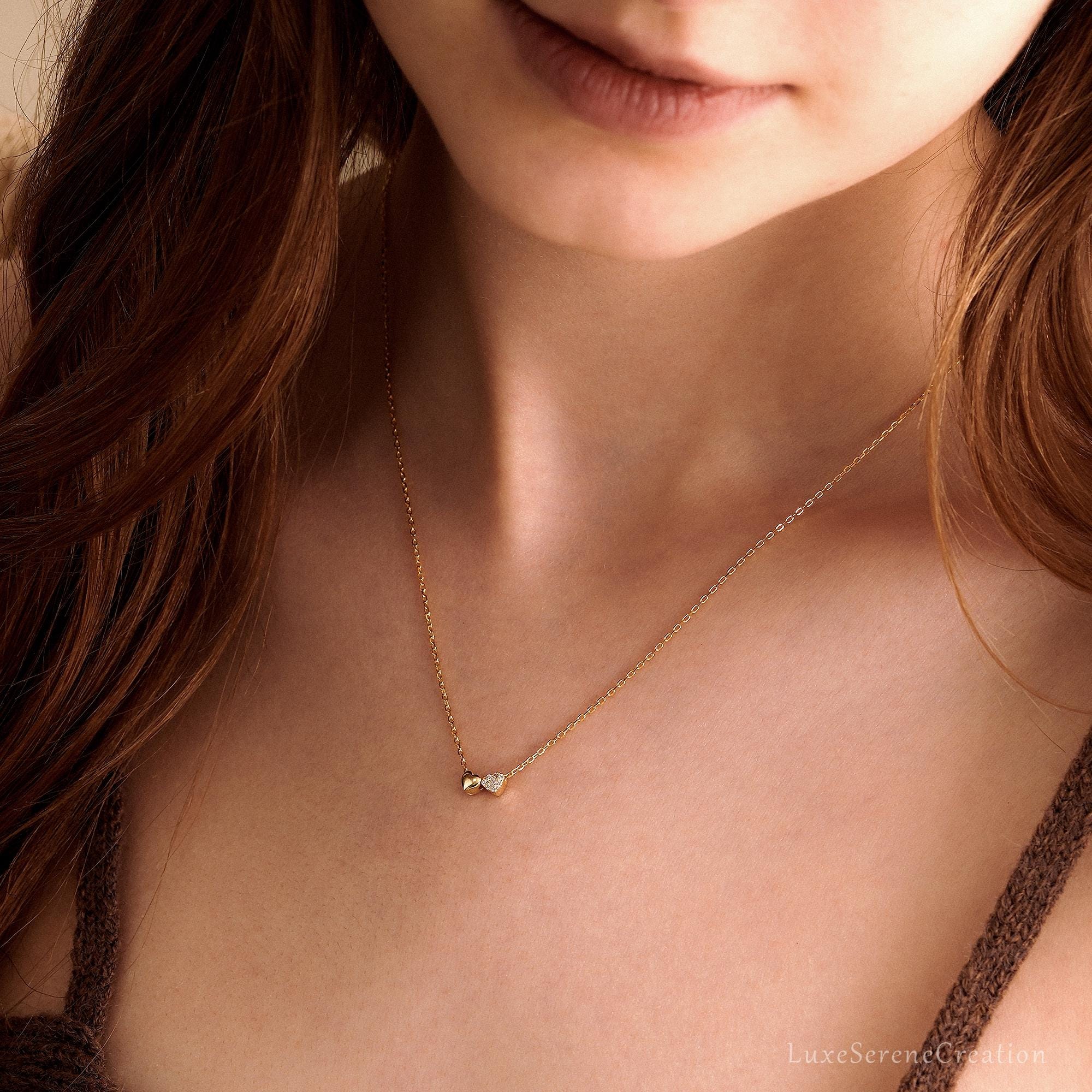 Tiny Double Heart Necklace 14k Gold Pave Minimalist Tiny Double Heart Necklace 14k Gold Pave Minimalist