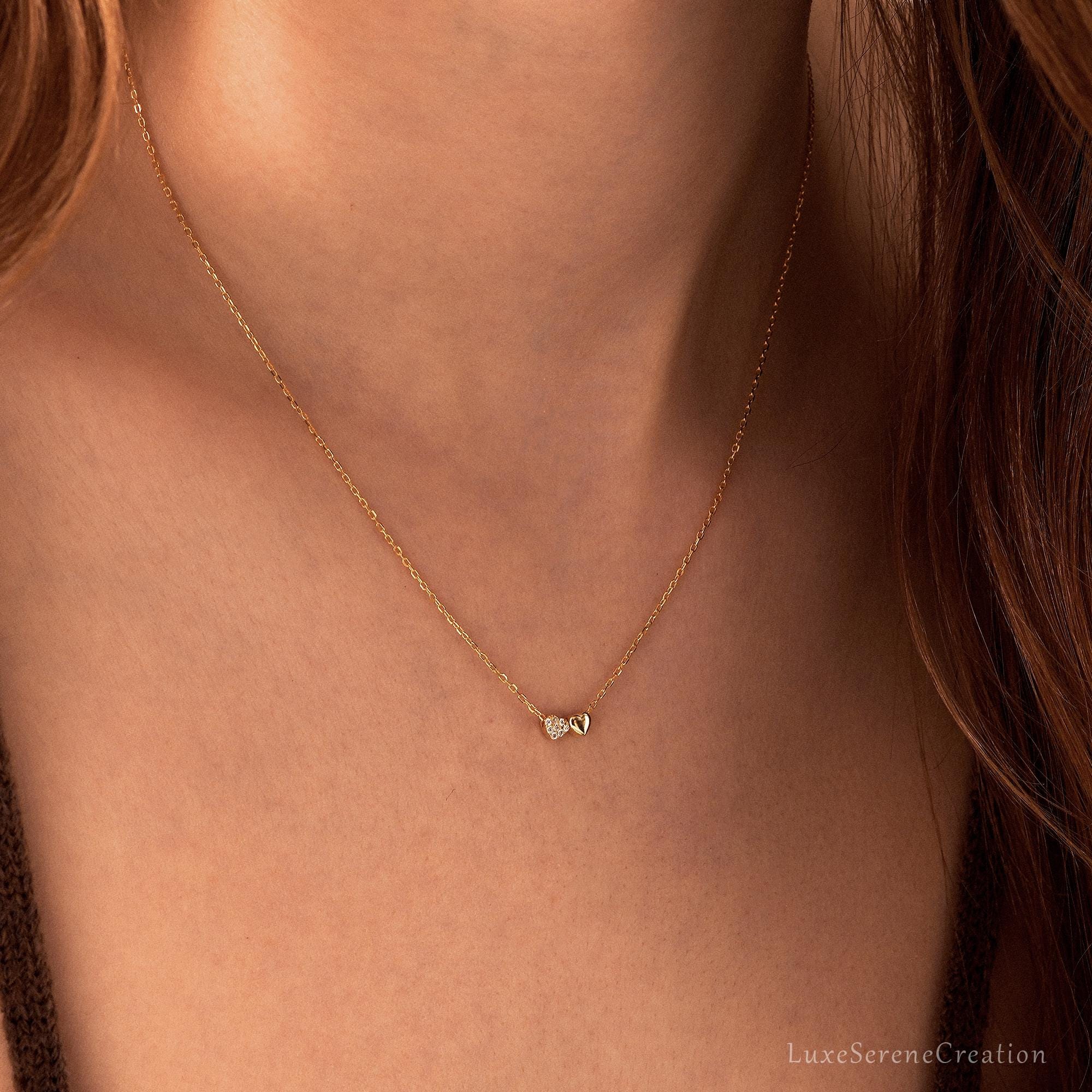 Tiny Double Heart Necklace 14k Gold Pave Minimalist Tiny Double Heart Necklace 14k Gold Pave Minimalist